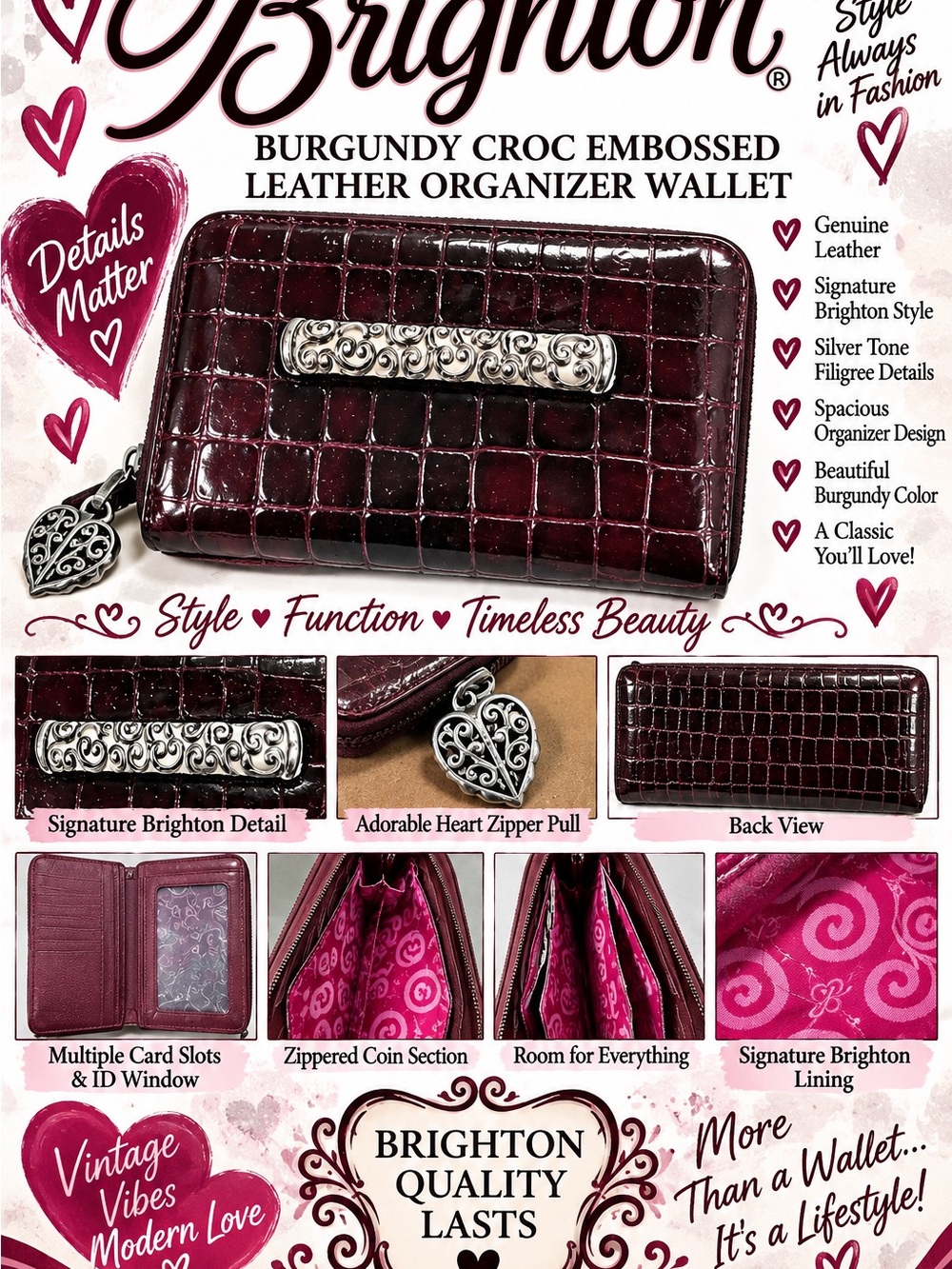 Brighton Burgundy Croc Embossed Leather Organizer Wallet Silver Heart Y2K